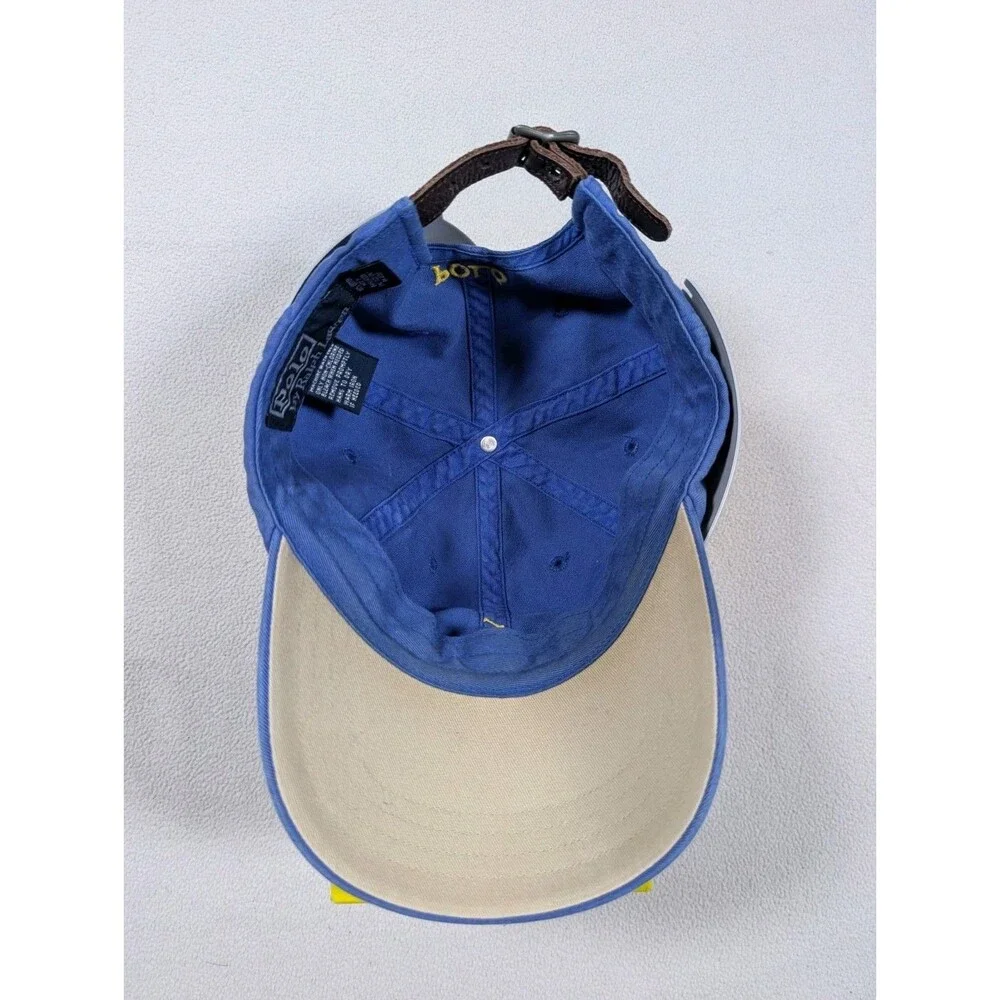 Vintage 90’s POLO Ralph Lauren Blue Yellow Pony Leather Strap Dad Hat Cap Y2K